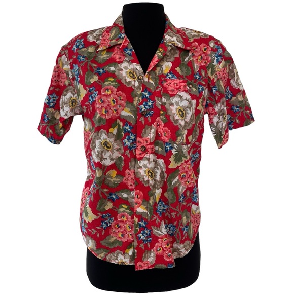 Vintage LizWear Petite red Hawaiian button down shirt short sleeve SP cotton - Picture 2 of 13
